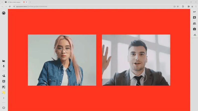 a mockup of a Eyeson video call with a customized red background color and two people in it