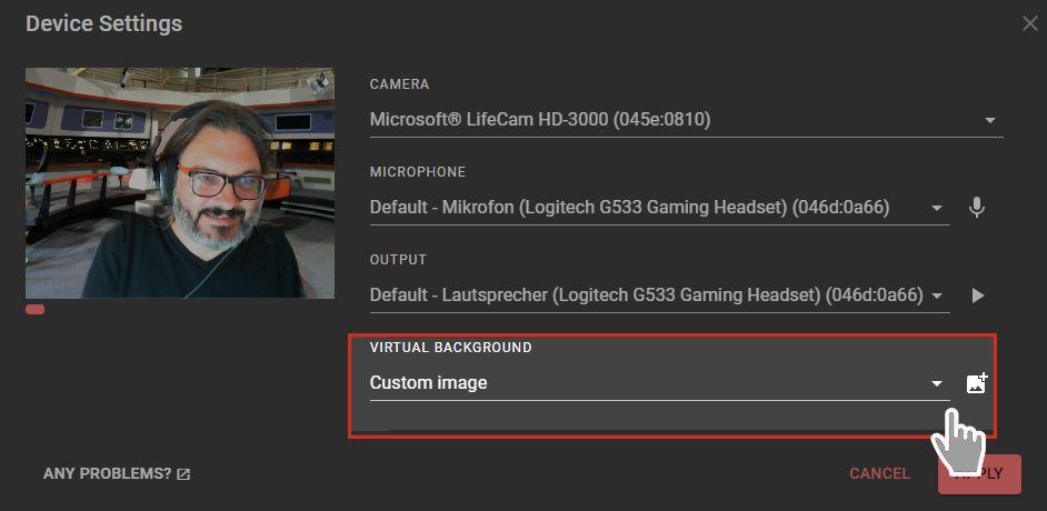 Change your custom virtual background in the device settings menu
