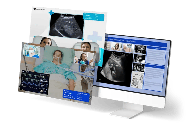 a mockup of a layout of the Eyeson Telehealth with medical informations, a ultrasound image the doctor and the patient