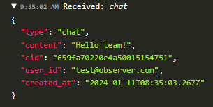 a screenshot of a code example of a message sent through the chat API