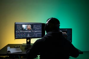 a person with headphones in front of two monitors with a lot of graphs and other visual information from behind