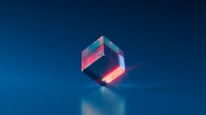 a glass like cube standing on one corner slightly illuminated reflecting red and blue
