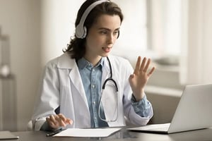 Doctor in video call on laptop